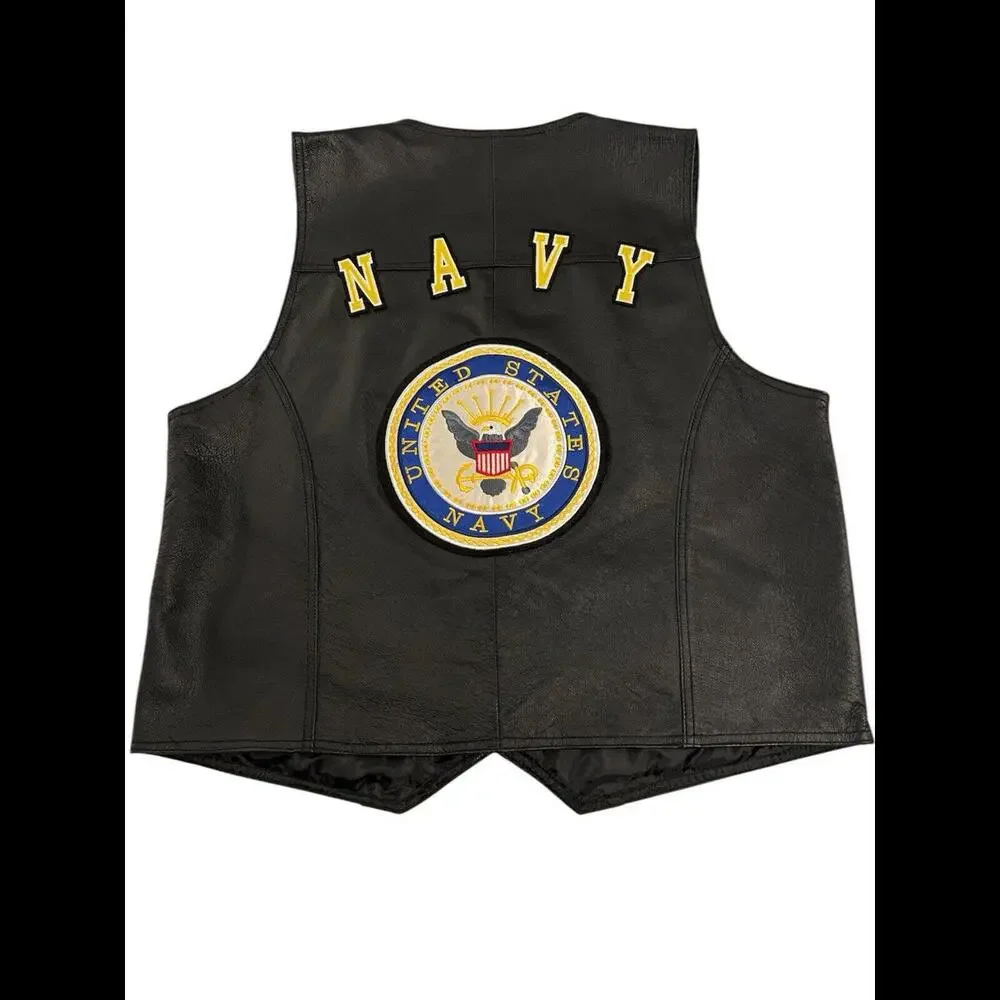 USA‎ Leather Navy Vest XXL Black Biker Military Veteran Patch Mens